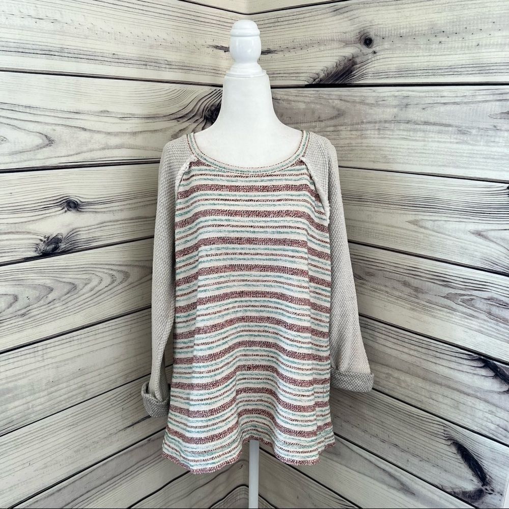 LUCKY Brand Boho Ivory Striped Fringe Detailed Cuffed Sleeve Sweater Large